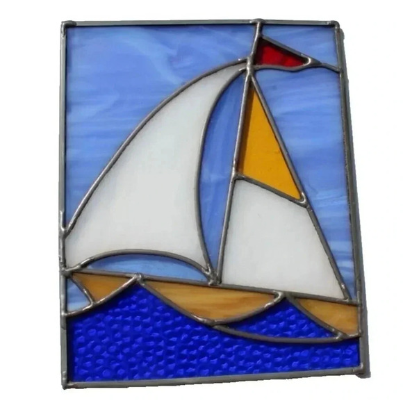 Vintage Leaded Stained Glass Window Sailboat Ship Lake Ocean Panel Boat Yacht - Picture 1 of 2